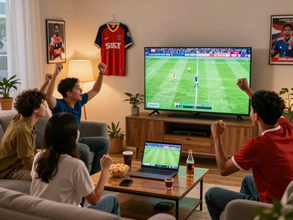 Fans enjoying a live football match on LuongSonTV, cheering with snacks in a cozy home setting.