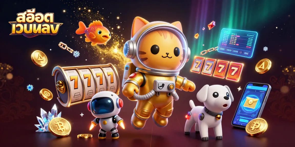 Engage with สล็อตเว็บตรง gaming vibes featuring lucky slot reels amidst vibrant cosmic characters.
