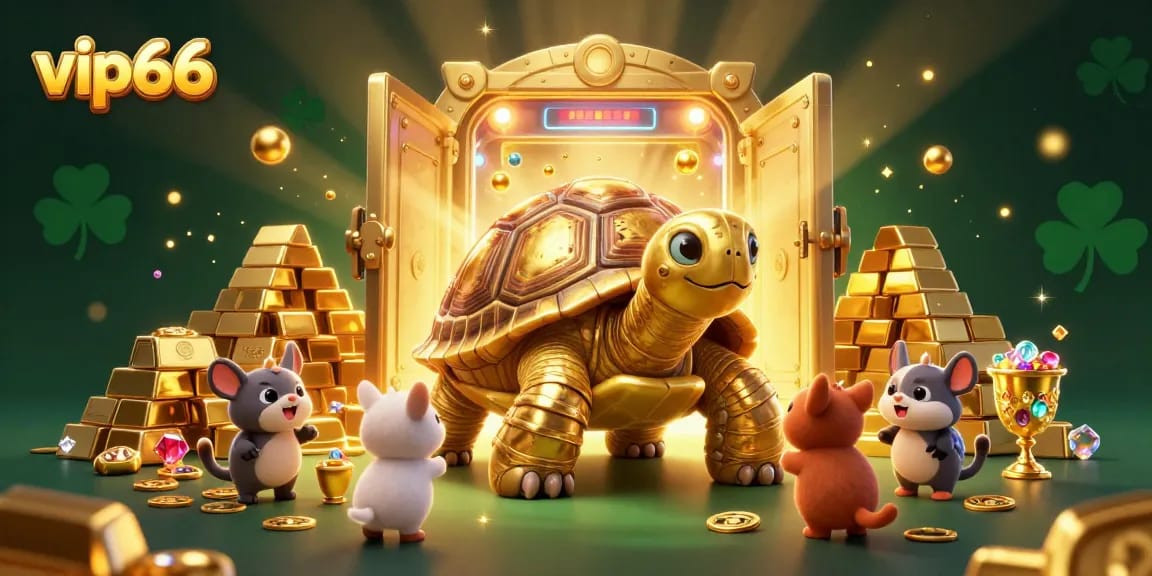 Experience thrilling gameplay at vip66, showcased by a vibrant tortoise pinball machine amidst sparkling treasures.