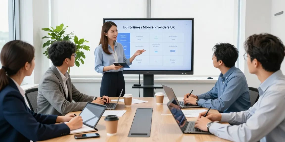 Team in a modern office discussing the best business mobile providers UK with laptops and documents.