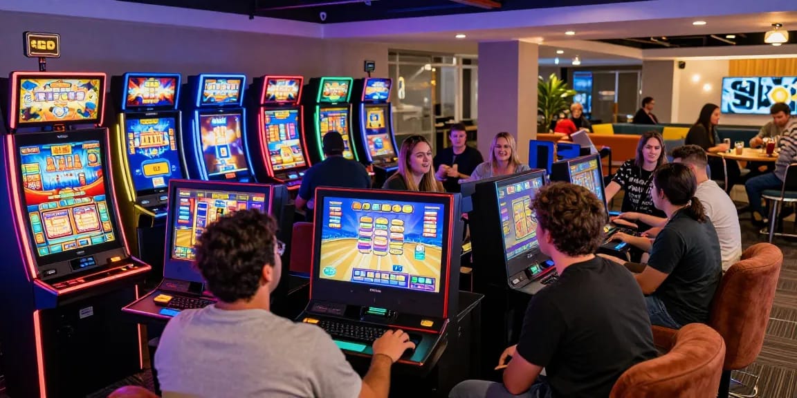 Vibrant slot depo 5k gaming scene with players enjoying colorful slot machines in an engaging atmosphere