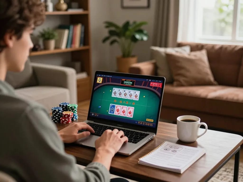 Engaged player enjoying online gaming on xx88 asia platform, showcasing poker strategy at home.
