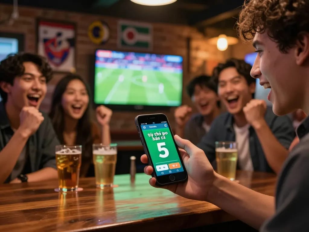 Engaging sports betting scene with a person using smartphone for tỷ lệ kèo nhà cái 5 during a live match.
