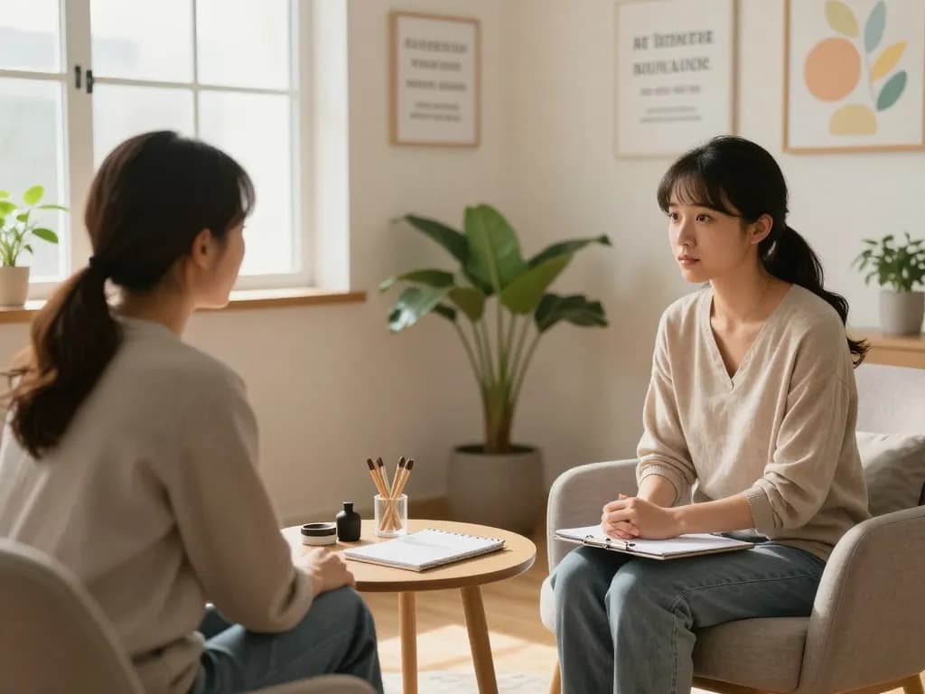 A soothing therapy session for mental health, focusing on 抑鬱症 and patient comfort.