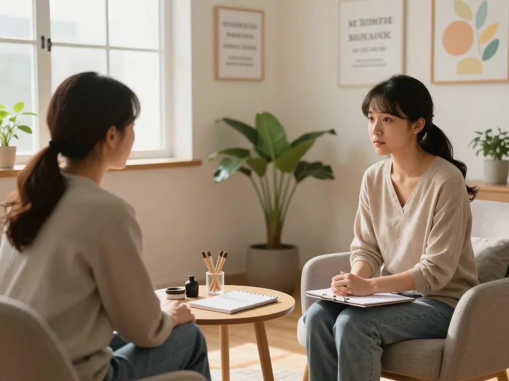 A soothing therapy session for mental health, focusing on 抑鬱症 and patient comfort.