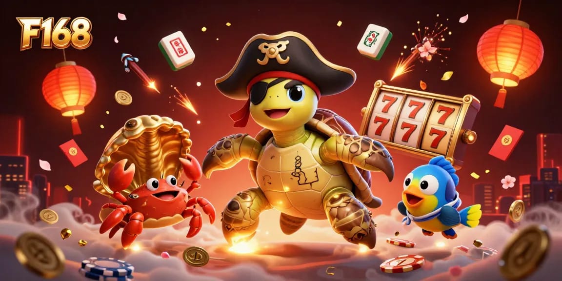 Experience thrilling gameplay with F168's pirate turtle and friends amidst vibrant slot game treasures.