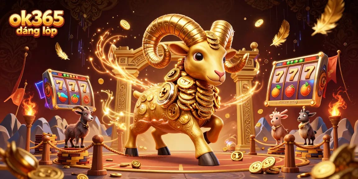Engaging scene featuring the ok365 đăng nhập brand with a dynamic 3D golden ram amidst casino elements, showcasing fun and excitement.