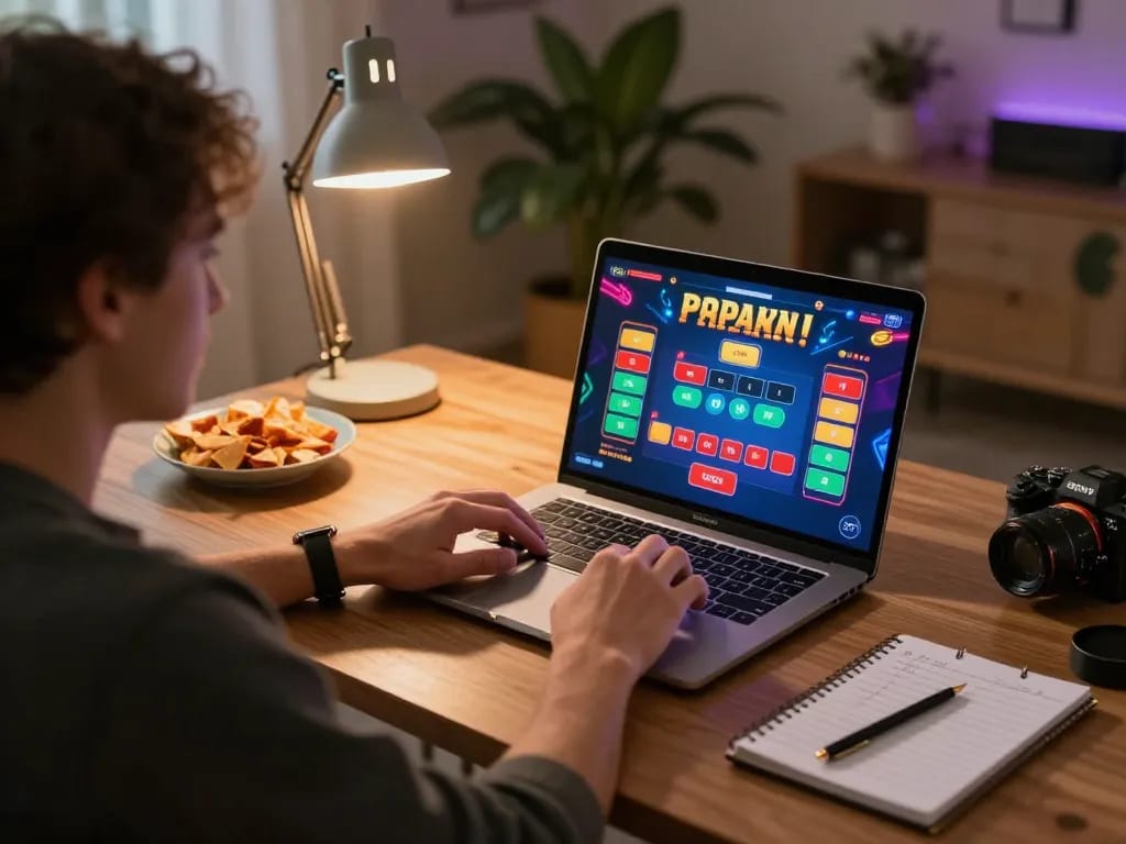 Engaging in online blackjack on gg88 with snacks and strategy notes visible, showcasing a responsible gaming environment.