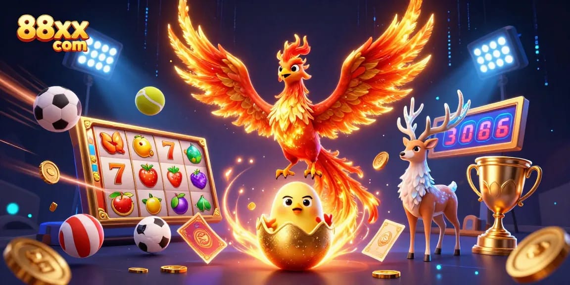 Engage in thrilling games at 88xx com with vibrant slot reels and captivating phoenix characters.