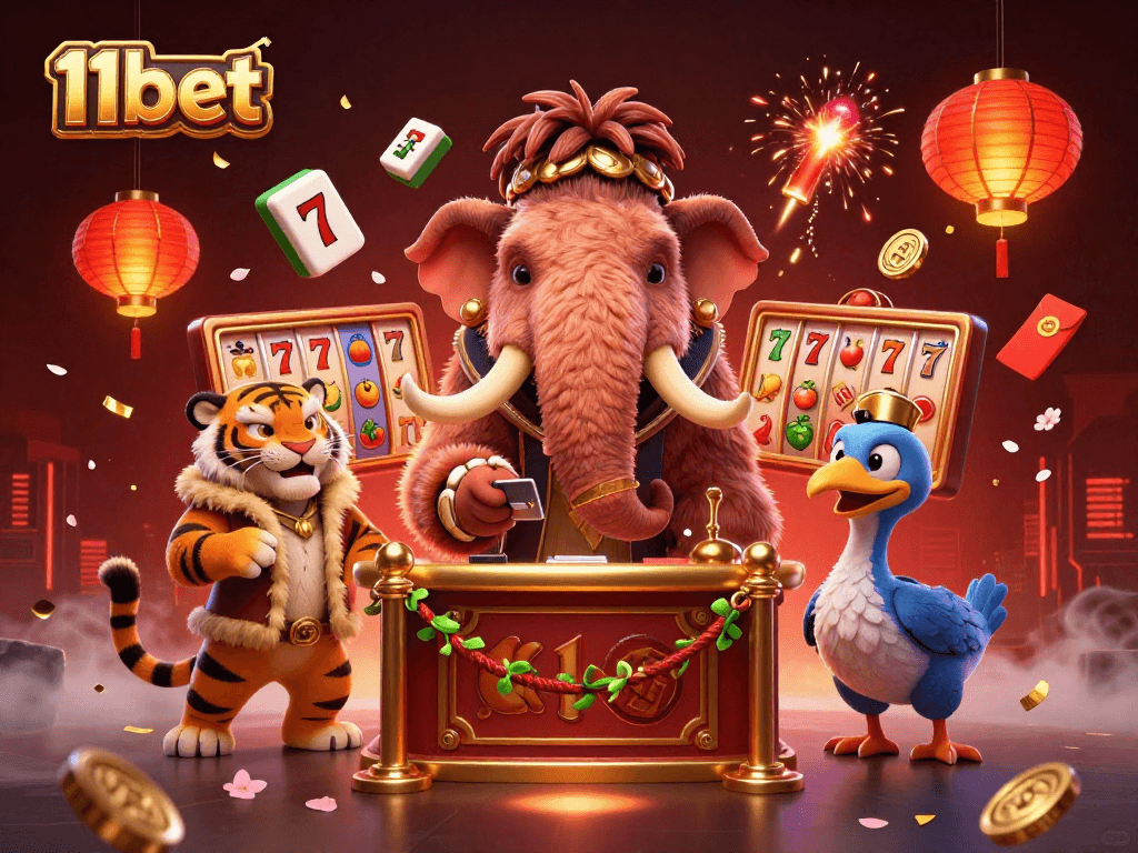 Engage with exciting gambling visuals of 11bet, showcasing vibrant slots and iconic characters.