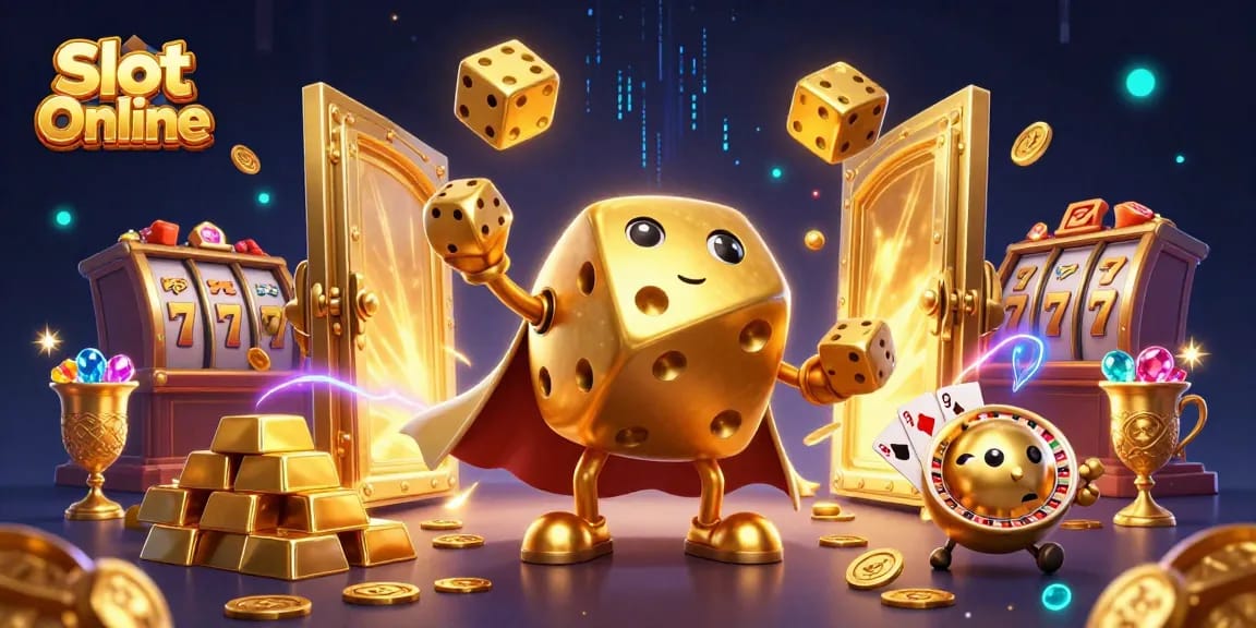 Spin the Slot Online reels with golden dice and vibrant gemstones in a dazzling 3D scene