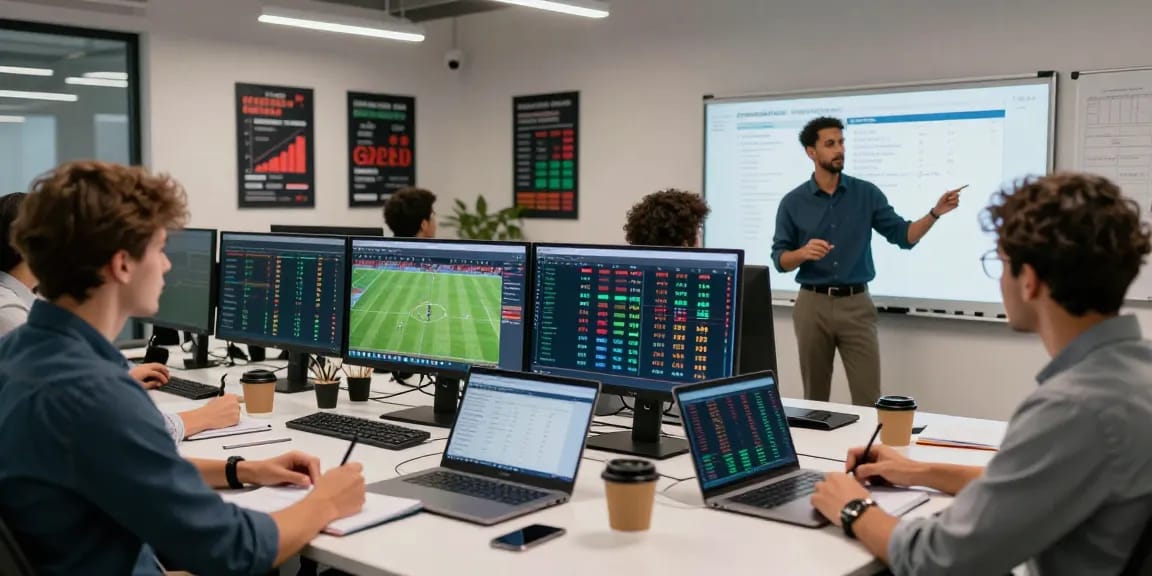 Dynamic analysis of soi kèo nhà cái with a diverse team reviewing football team performance metrics in a modern office.