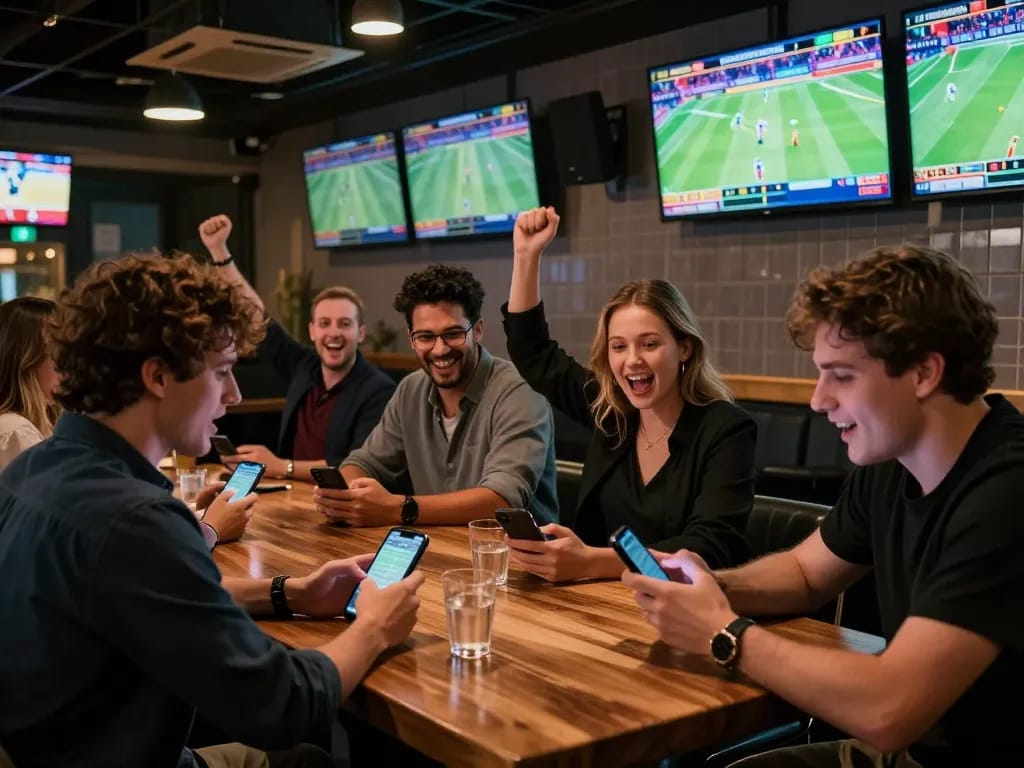 Experience the excitement of TOPBET with friends at a lively urban sports bar enjoying live games.