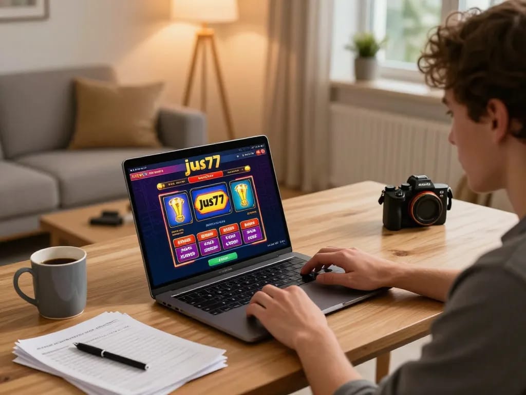 Players enjoying online gaming experience at jus77 casino, vibrant screens and cozy ambiance.