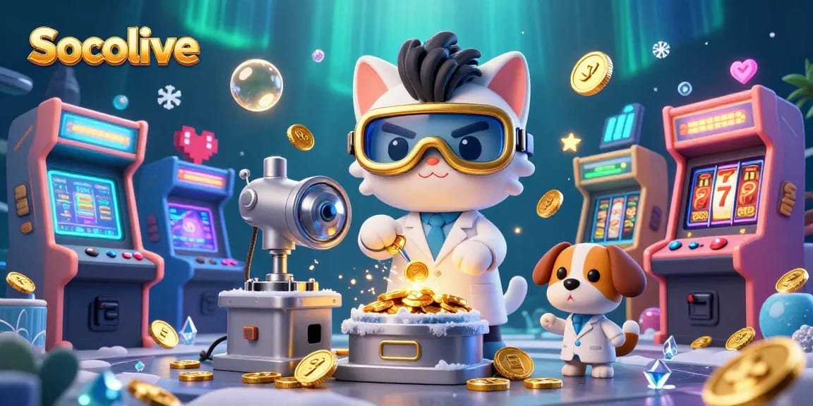 Socolive showcases an exciting gambling scene featuring a mad scientist cat and lab assistant dog amidst vibrant casino elements.
