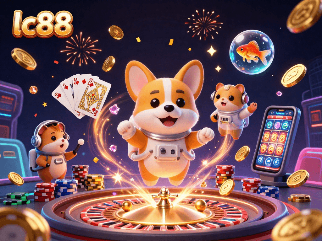 Experience the excitement of lc88 with a floating corgi astronaut in a vibrant casino space setting.