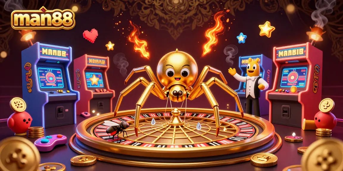 Experience man88's vibrant casino scene with a golden spider spinning a roulette wheel and a centipede croupier.