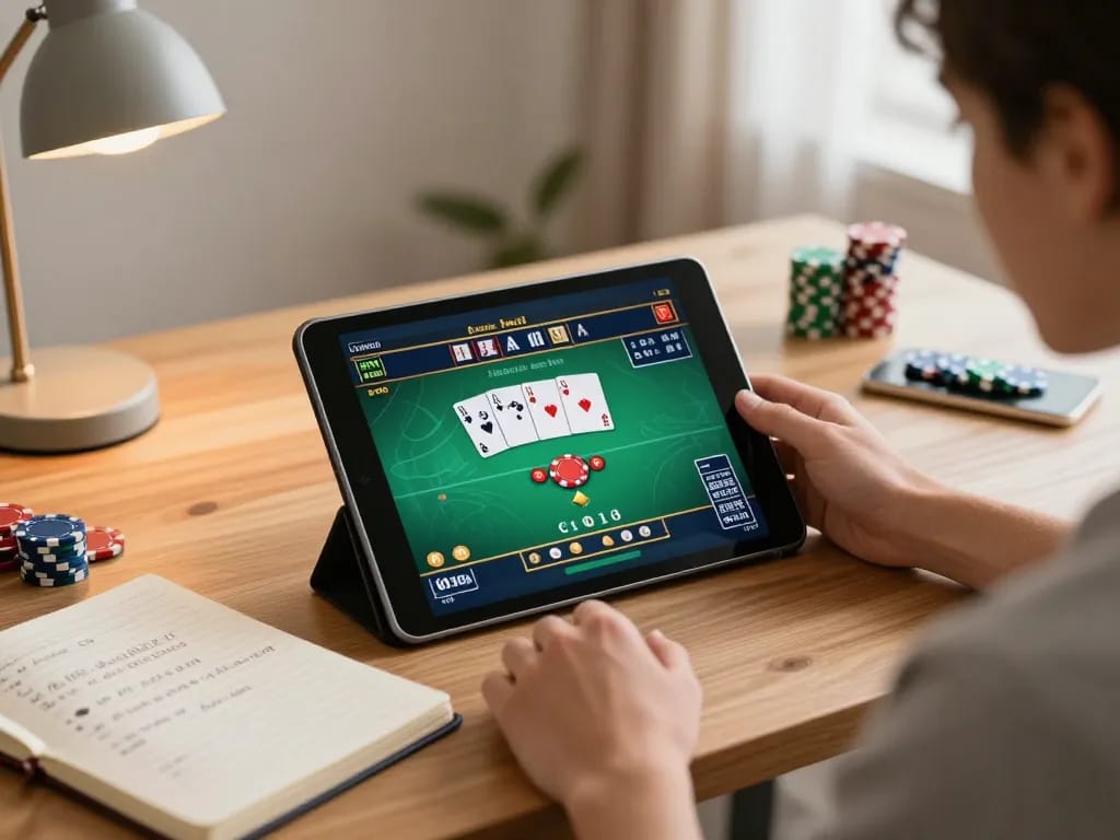 Player engaging in a poker game on the 8day app in a cozy home setup, highlights strategic gameplay.