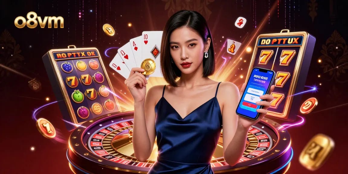 Experience thrilling gameplay at o8vm with a stunning Asian woman holding a smartphone and casino chip.