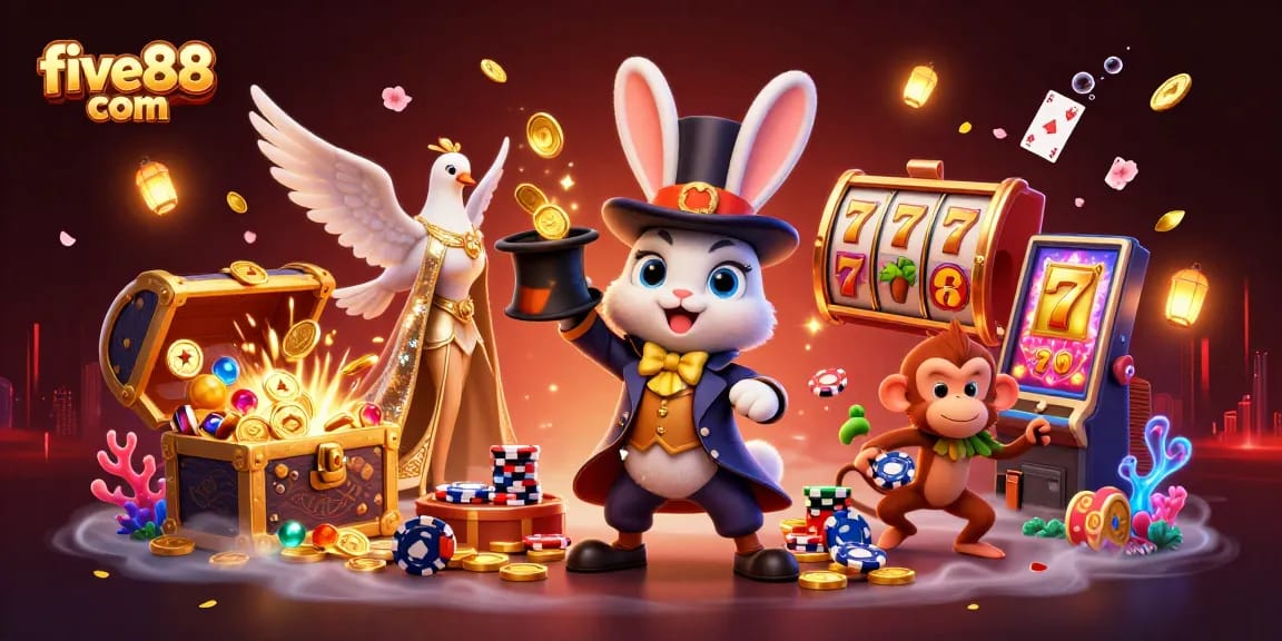 Spin and win with five88 com as a magician rabbit dazzles with golden coins and slot elements