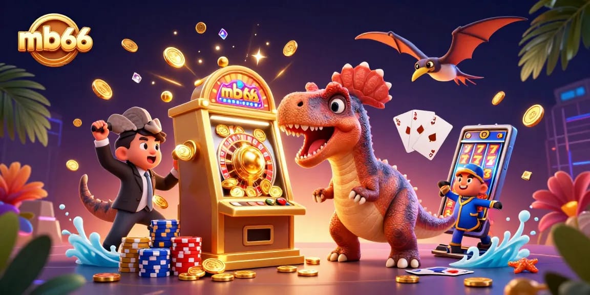 mb66 vibrantly illustrates a dinosaur winning big at a slot machine, capturing the thrill of gaming.