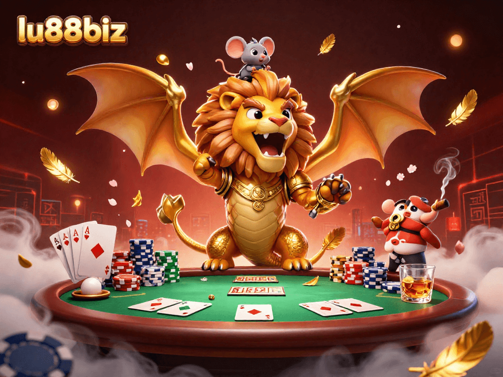 Engage with thrilling poker action at lu88biz featuring a whimsical chimera and vibrant casino elements.