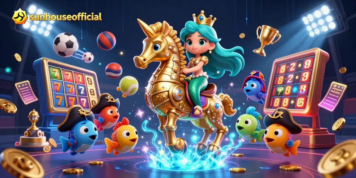 Engage with sunhouseofficial's thrilling gaming world showcasing slot reels and action-packed scenes.