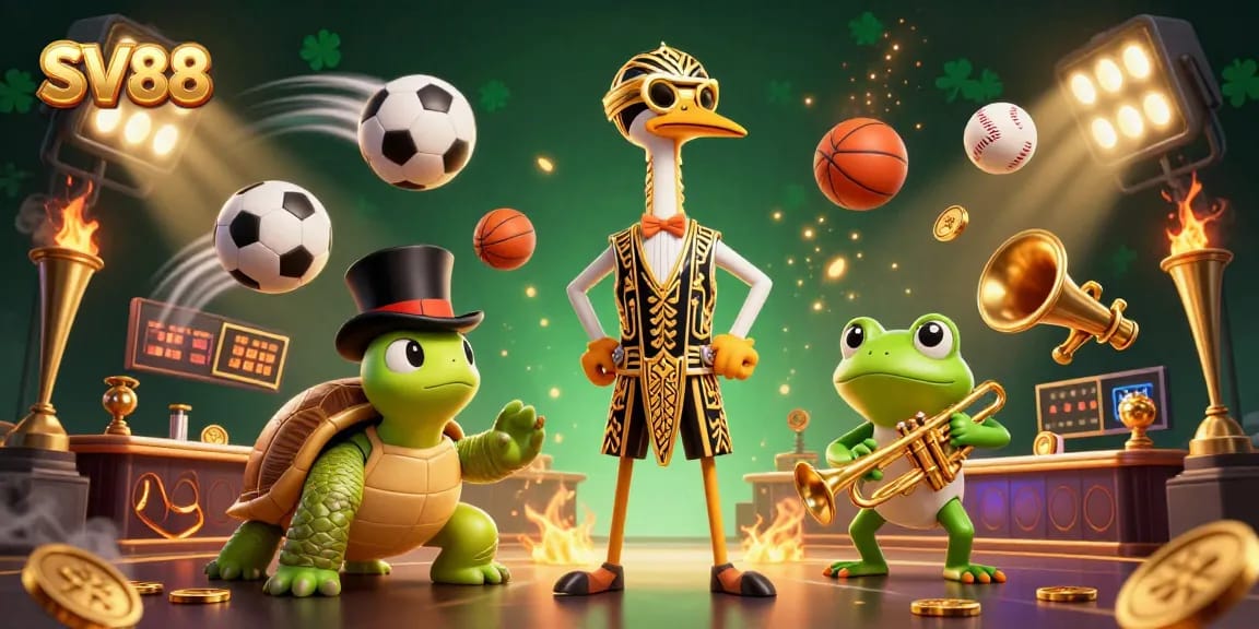 SV88 illustrates a vibrant scene with cartoon characters at a speakeasy, celebrating sports betting.