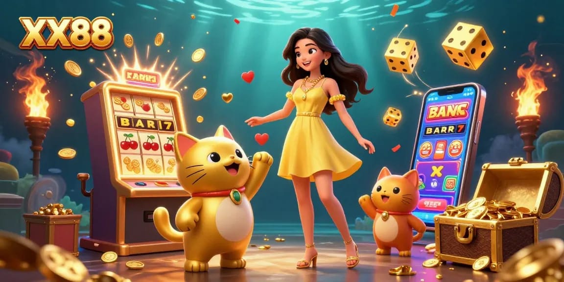 Win big at XX88 while enjoying a vibrant casino scene filled with golden charms.