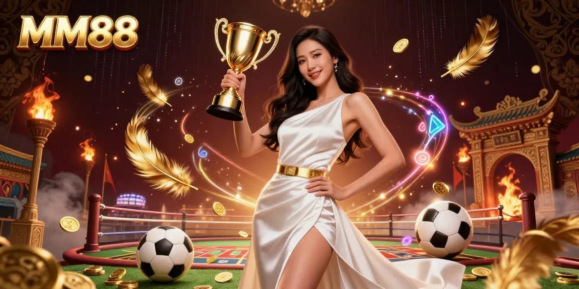 Experience the thrill of winning at MM88 with a victorious Asian woman celebrating in a glamorous casino backdrop.