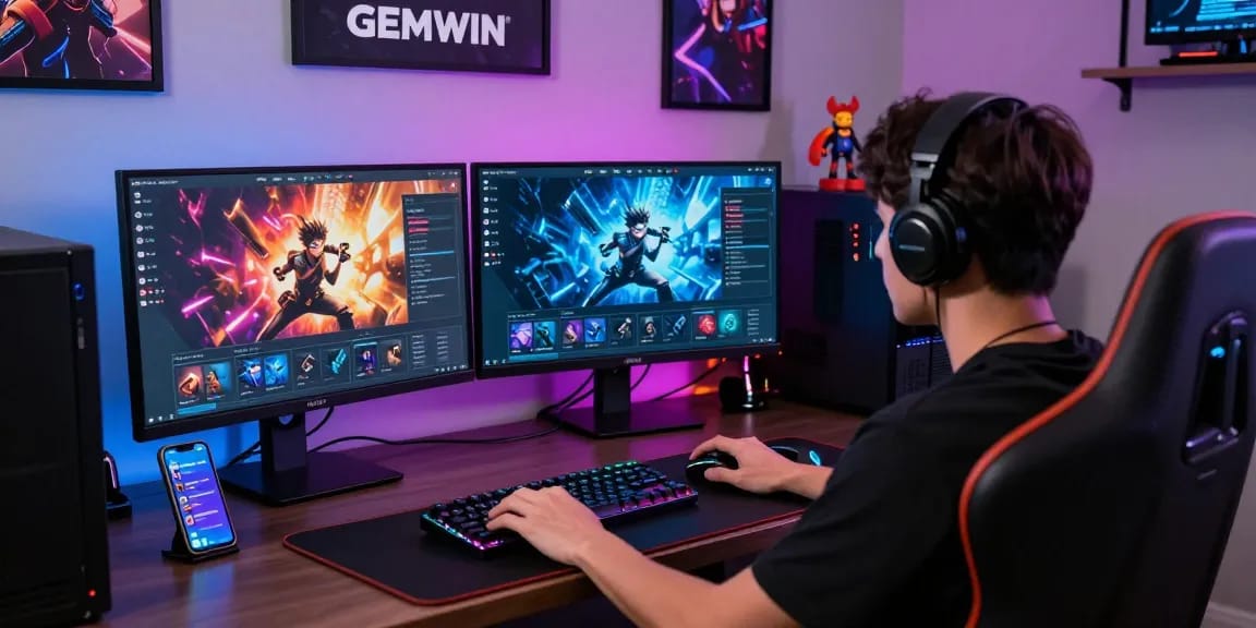 Engaged gamer using https://gemwin.pics/ with vibrant screens and gaming gear in a dynamic atmosphere.