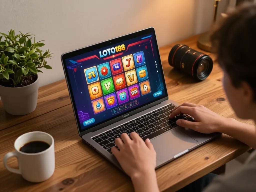 Person playing LOTO188's online lottery game on a laptop in a cozy environment
