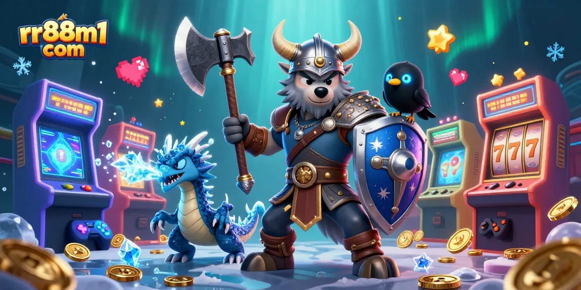 Experience thrilling games with rr88m1 com, featuring a dynamic wolf warrior and dragon amidst colorful casino elements.