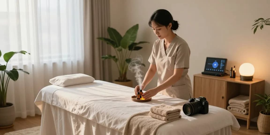 Therapist preparing for a 부천출장마사지 session in a serene massage room.