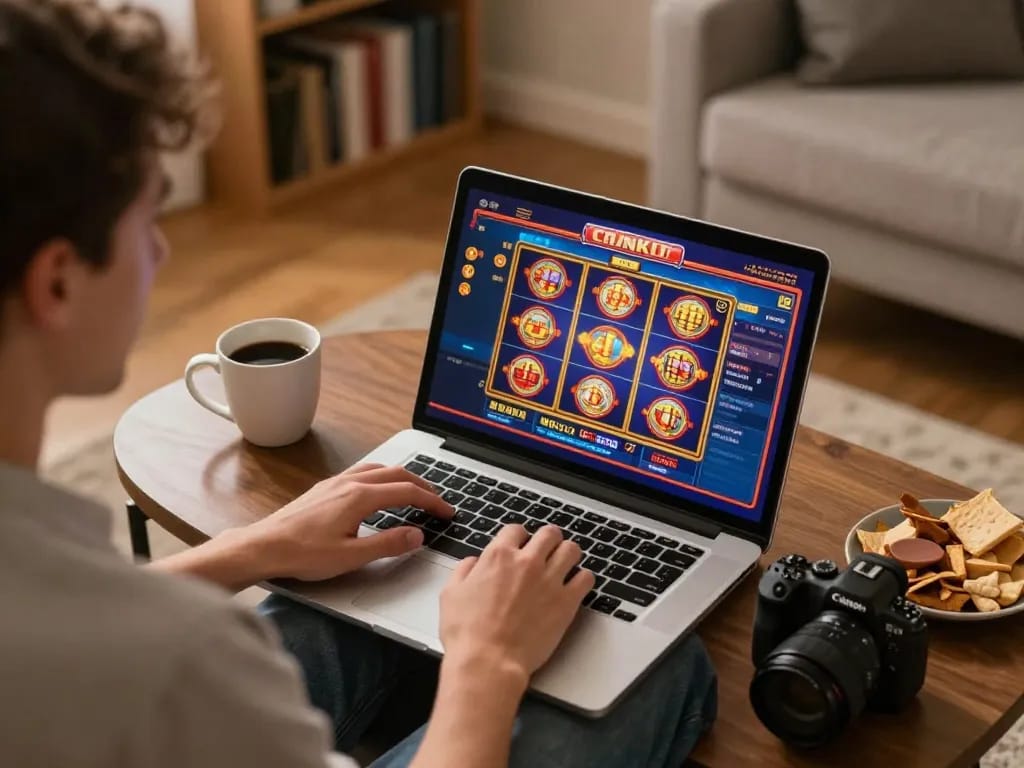 Player enjoying online slots at home with MM88 in a cozy setting, emphasizing responsible gaming.