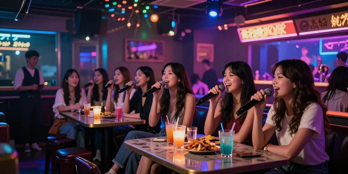 노래방밤알바에서 즐겁게 노래하는 여성들, 화려한 조명 아래에서 활기찬 분위기를 자랑합니다.