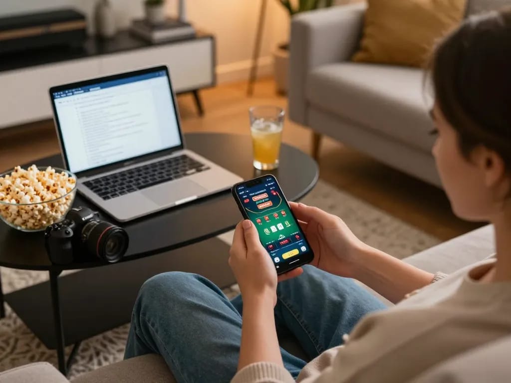 Engaged user playing on the lc88 com mobile casino app, showcasing a cozy home gaming atmosphere