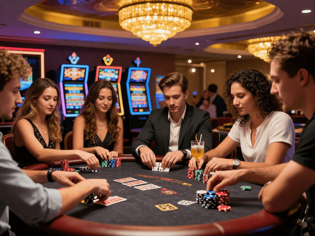 Giocatori entusiasti nei migliori casino non AAMS mentre si divertono attorno a un tavolo da poker.