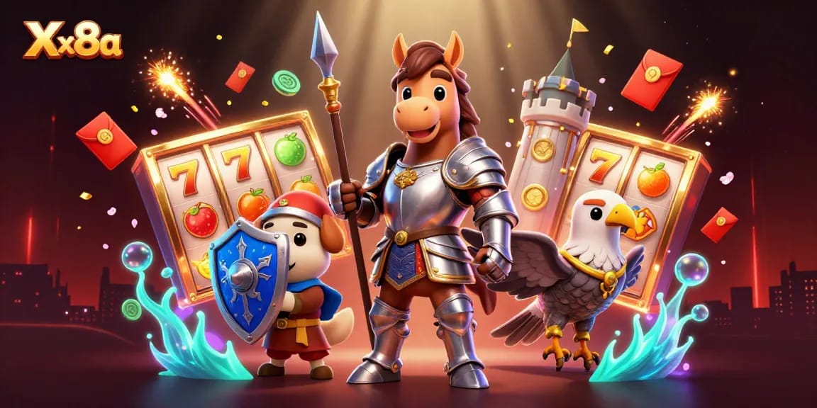 Xx8a showcases exciting slots gameplay with vibrant reels, gold coins, and festive celebration elements.