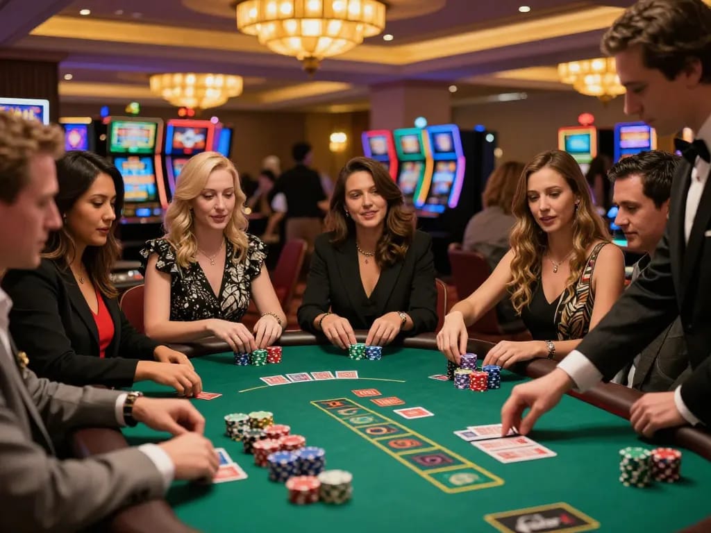 Experience strategic gameplay at keonhacai with players actively engaging in blackjack at a bustling casino