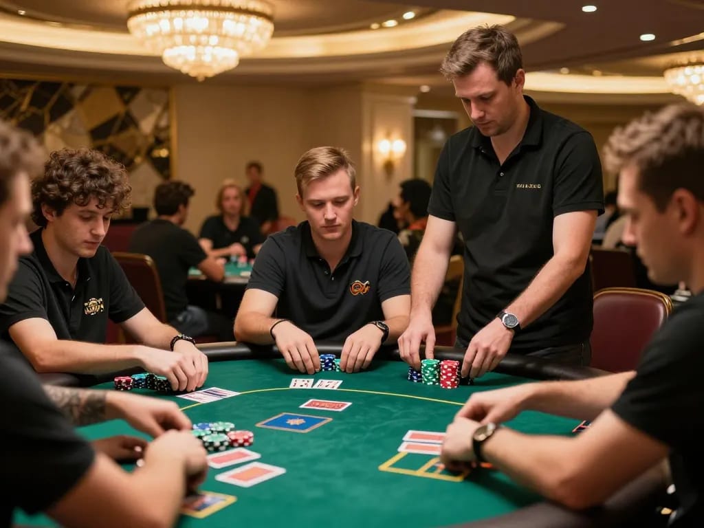 Players engaging in an intense poker game at RR88 casino, showcasing high-stakes excitement and strategic gameplay.