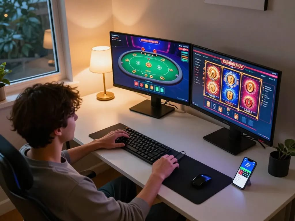 Engaging keonhacai tv online gaming session showcasing poker and slots on dual screens