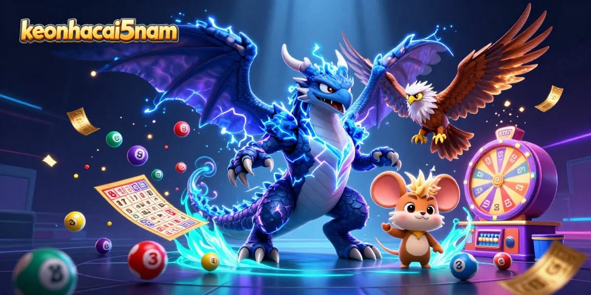 Engage with keonhacai5nam as colorful lottery elements burst in a dynamic casino scene.