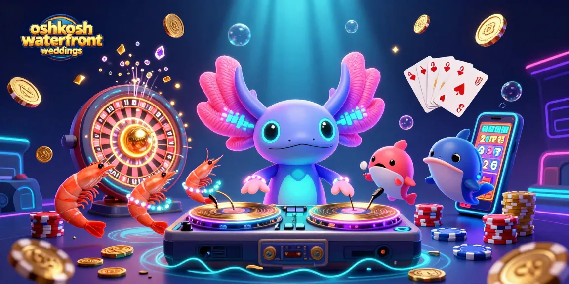 Engaging scene of oshkoshwaterfrontweddings with an axolotl DJ, shrimp dancers, and dynamic casino elements.