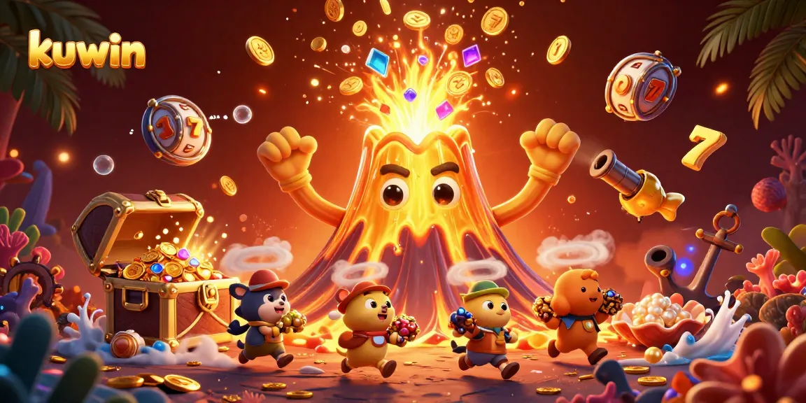 Kuwin's golden volcano bursts with coins as tiny explorers flee treasures in this dynamic casino illustration.