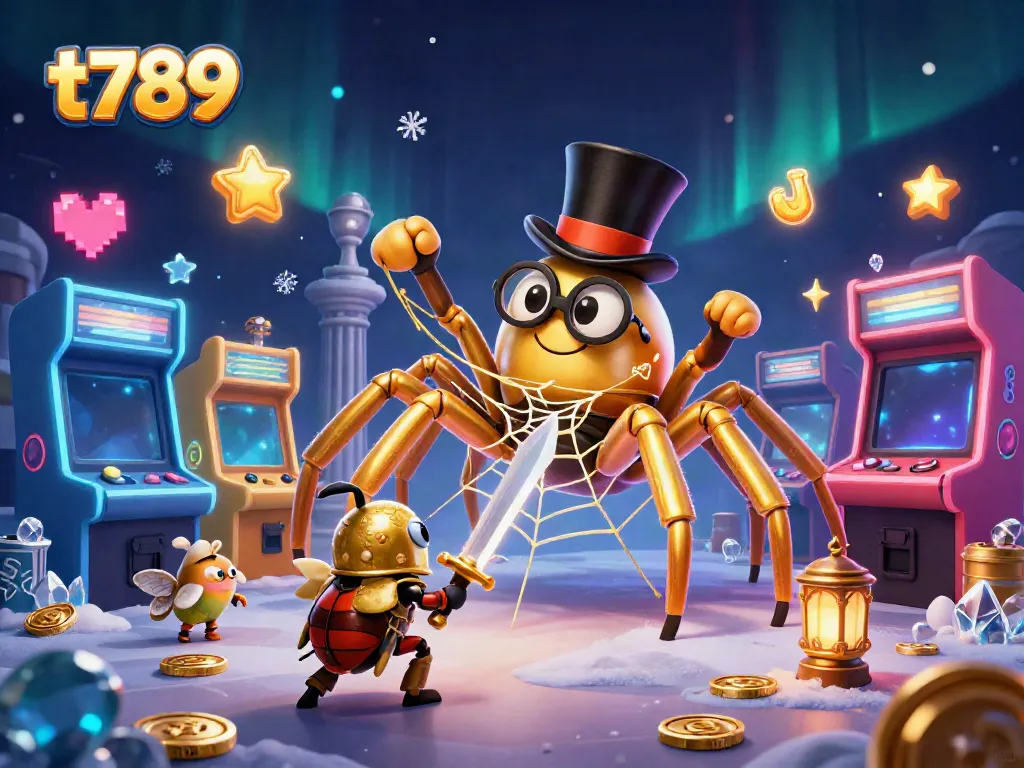 T789 showcases vibrant casino elements with a golden tarantula and beetle knight amidst exciting game machines.