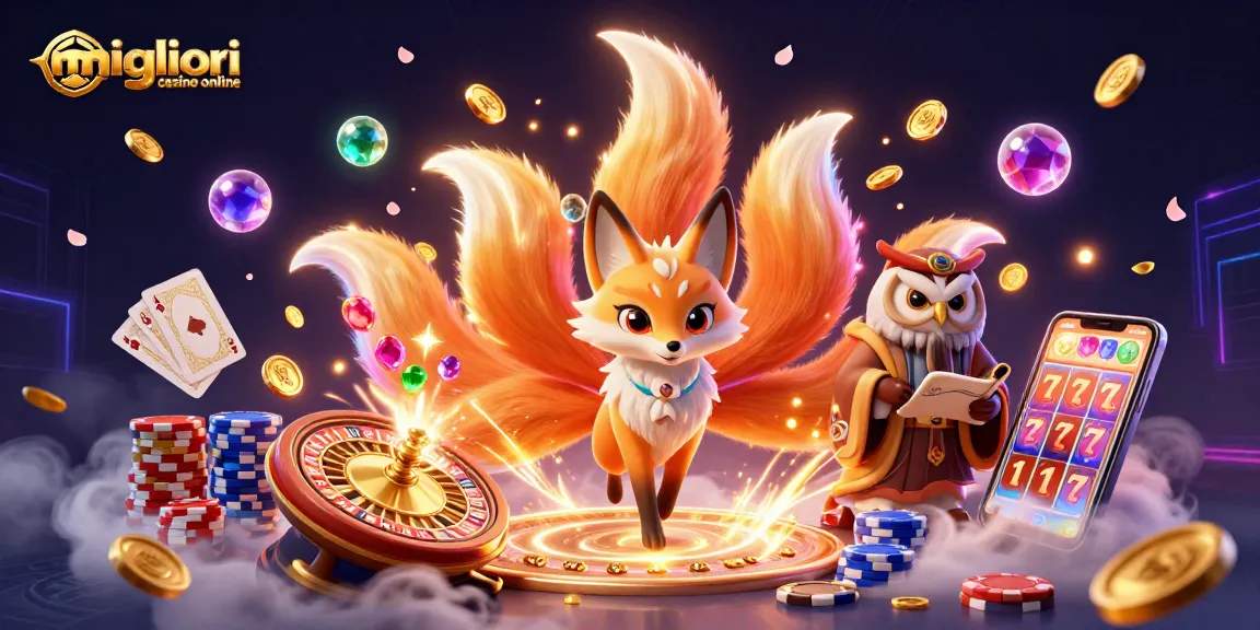 Scopri i migliori casino online con questa illustrazione di un vulpino a nove code e simboli del gioco d'azzardo.