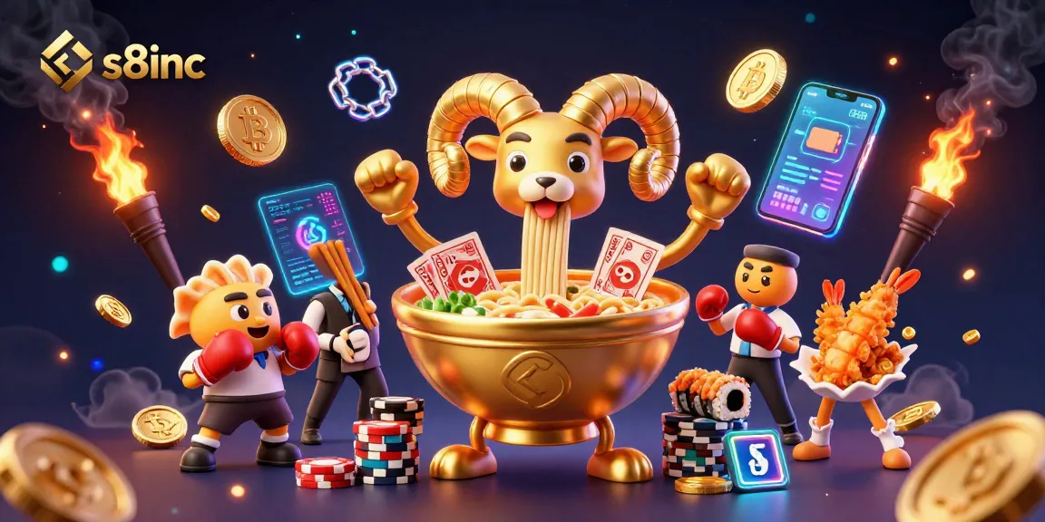 S8inc promotes vibrant gaming with dynamic characters and crypto elements in a vivid 3D casino scene.