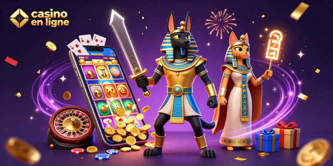 Jouez à des machines à sous dans un casino en ligne animé avec Anubis et Bastet.