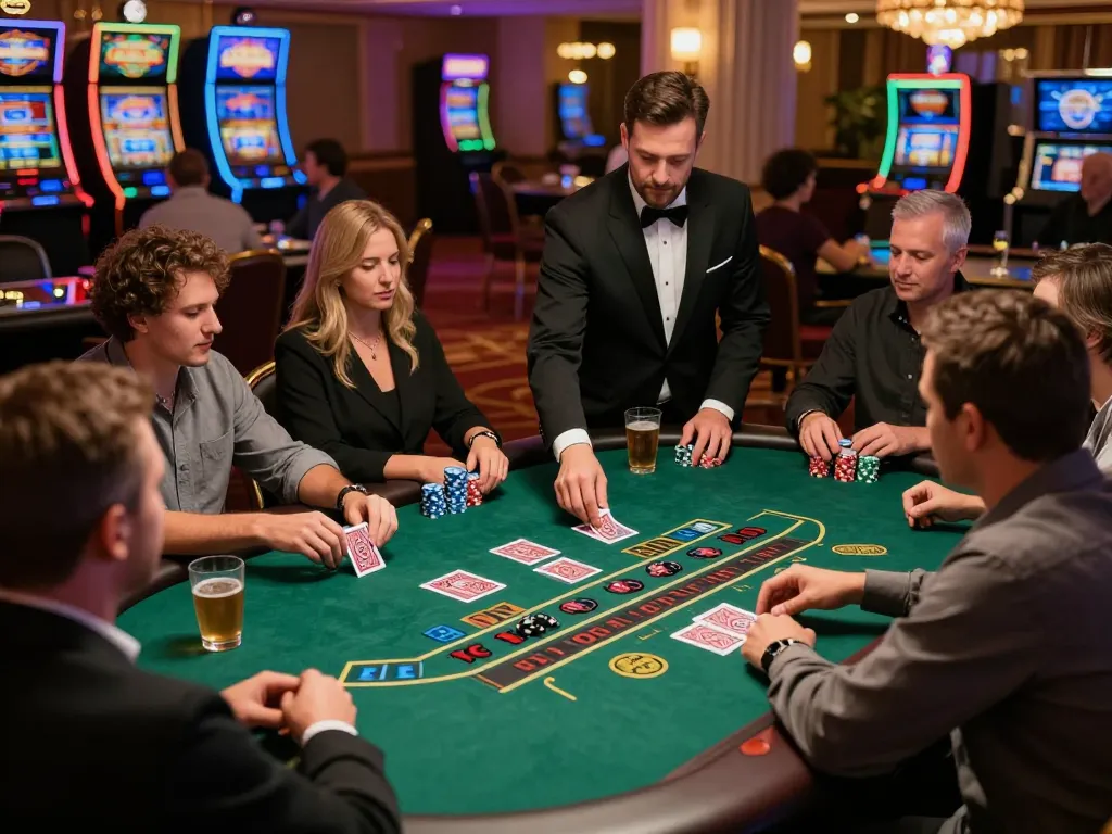 o8 players engaging in dynamic blackjack gameplay at a luxury casino, enhancing gaming excitement